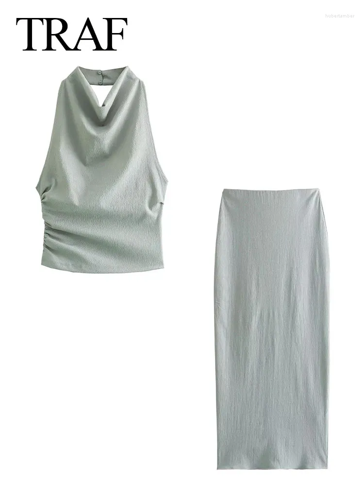 Vestidos de trabalho Moda Mulheres de 2 peças Conjunto de fenda Salia longa Cor de cor sólida Botões de dobras sem mangas sem mangas