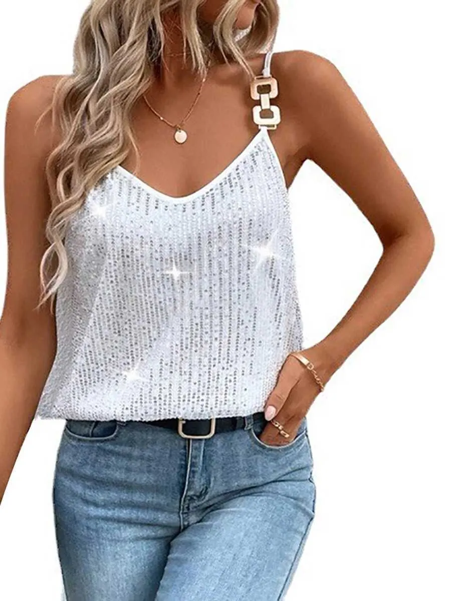 T-shirt femminile Stylish Sparkle Women S Wipple Halter Neck Slessless Shimmer Blouse glitter Party Clubwear D240507