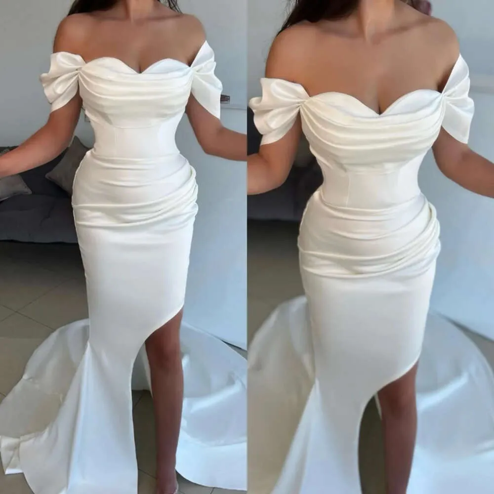 Meerjungfrau Kleider Abend weiß elegant Off Schulter geteiltes Party Abschlussball Falten Langes Kleid für roten Teppich Special Ocn