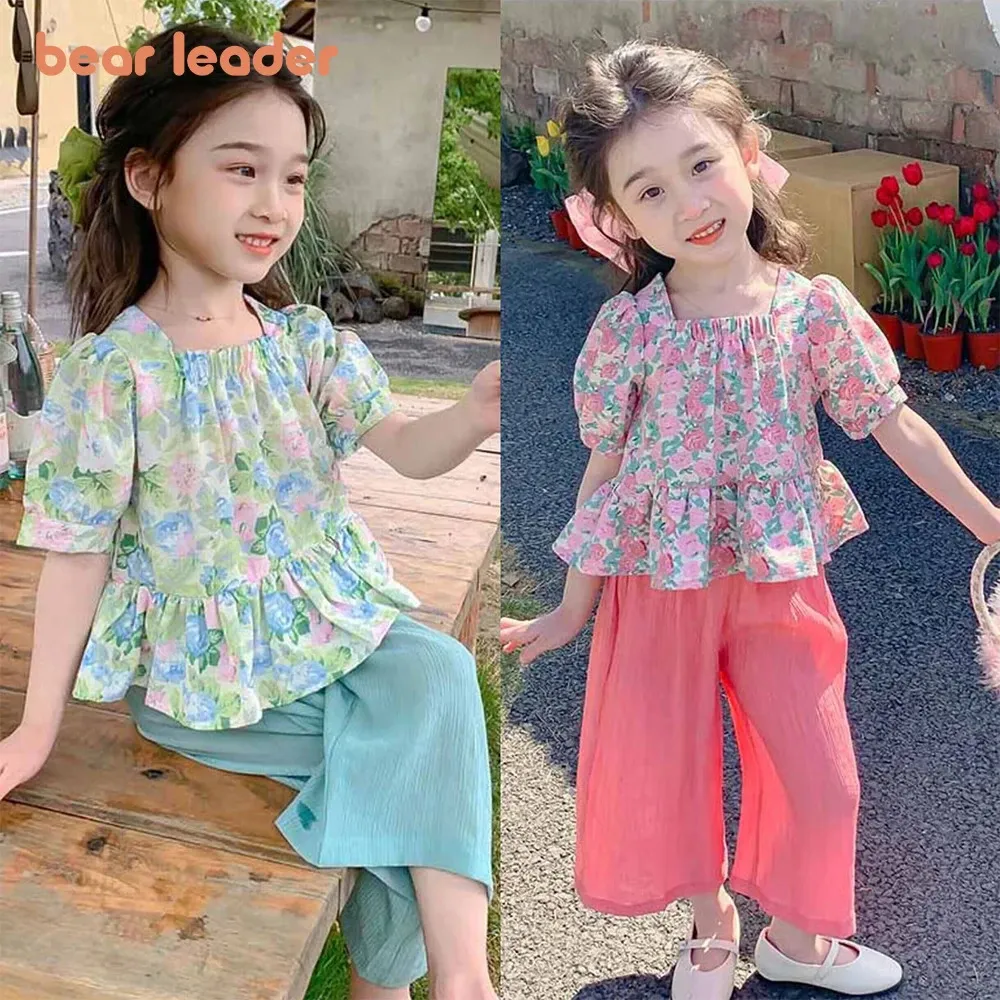 Bear Leader Girls Set Summer Square Neck Bubble Sleeve Flower Print Toppants Two Piece Childrens Casual 240426