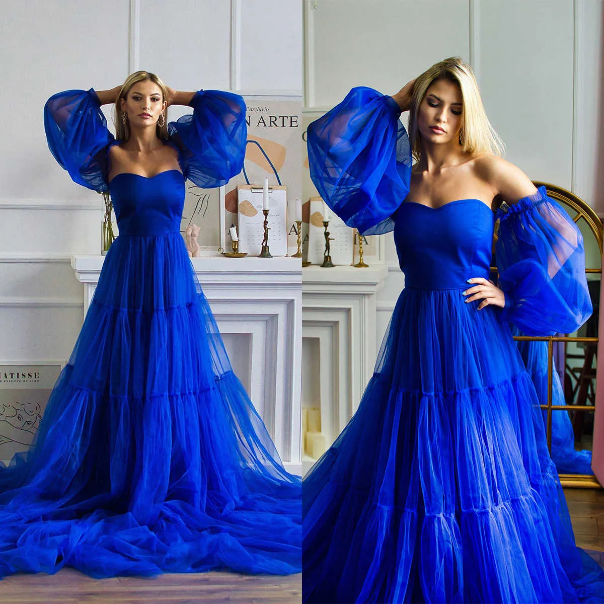 Fairy A-Line Prom Dresses Strapless Long Sleeve Sweep Train Lace Up Ruffle Pick-ups Tiered Celebrity Evening Dresses Plus Size Custom Made L24655