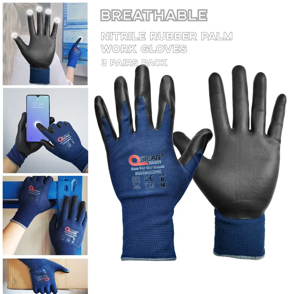 Handschoenen 3 paren marineblauw touchscreen werkveiligheidshandschoenen, schuim nitril rubberpalm gecoat, algemeen doel, monteurswerk, constructie