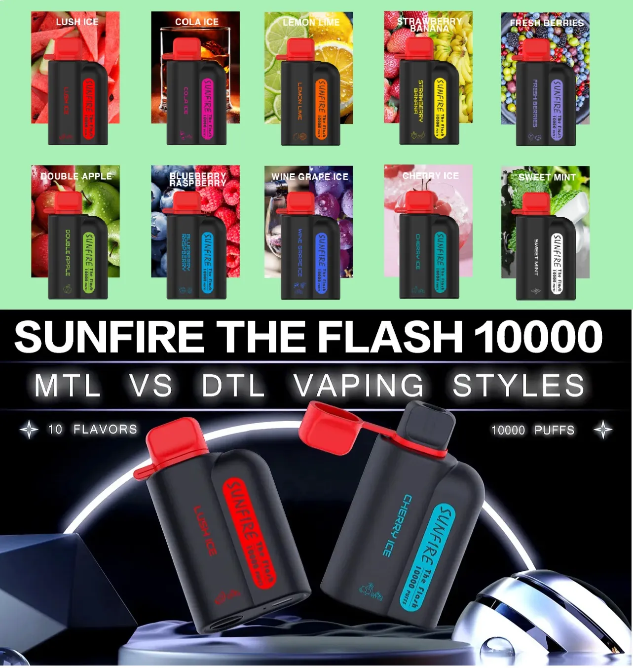Sunfire Big Fog Puff 10000 Puffs desechables E Cigarrillo 20 ml Prestado 650 mAh DTL Dispositivo de vapor
