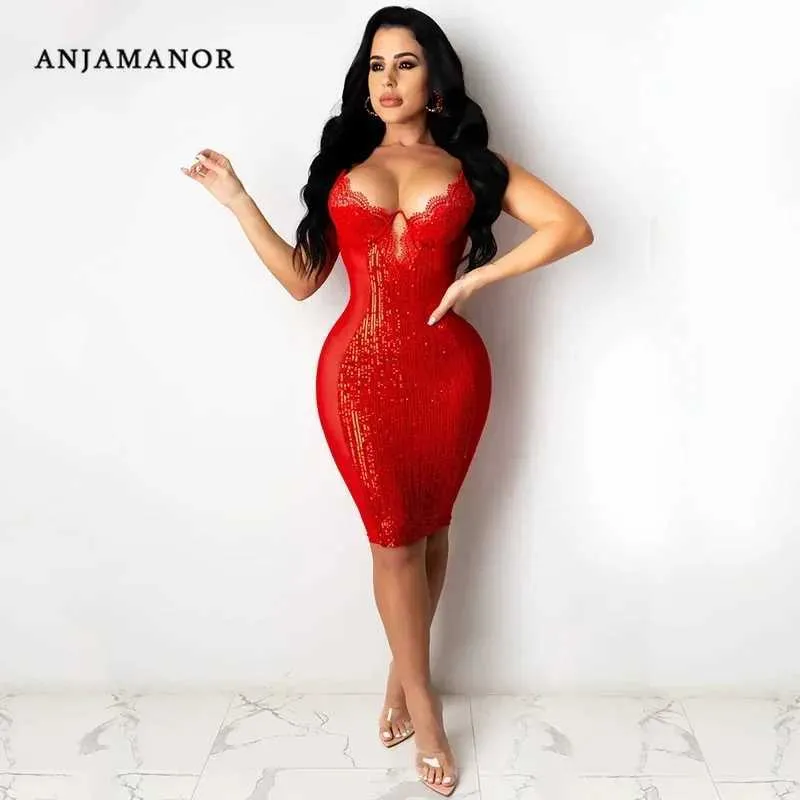Urban Sexy Dresses Anjamanor Sexy BodyCon Midi Dresses For Women Party Club Birthday Outfits Red Balck Lace Mesh Patchwork Sequin Dress D42-Ez19 T240507