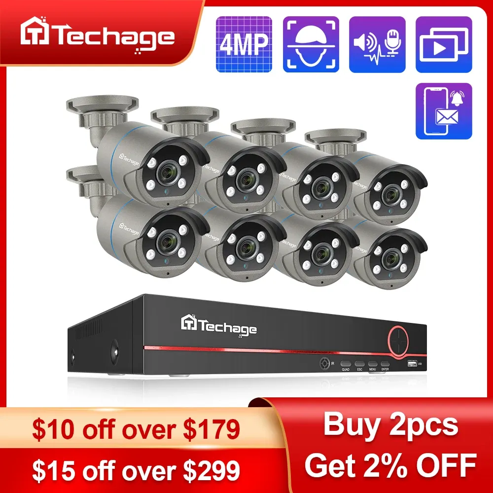 System Techage 8CH HD 4MP POE NVR KIT CCTV SISTEMA DE SEGURANÇA H.265 Detectar o Face ao ar livre Twoway Audio IP Camera P2P Videoveillance Set