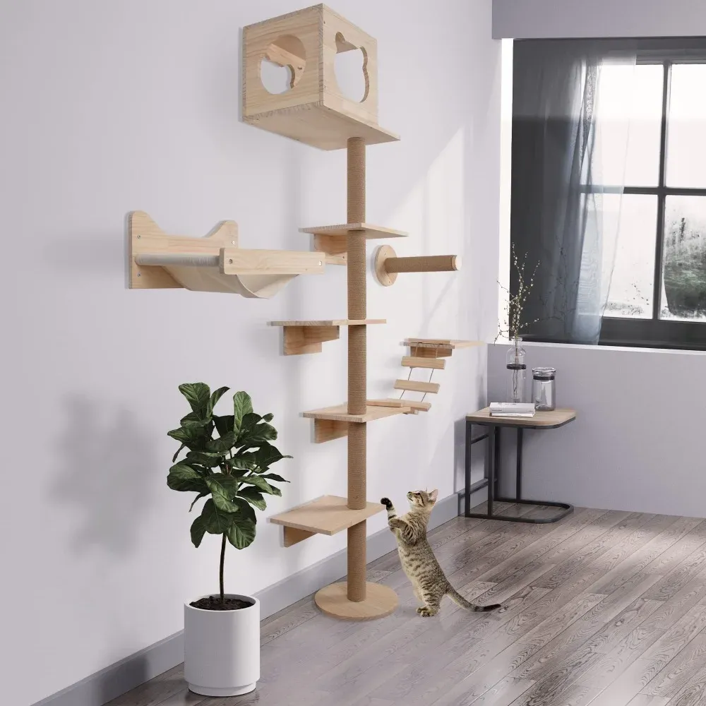 Scratchers 2023 Nieuwe kattenboom met hangmat, houten kattenwandmeubels, kattenactiviteit klimtoren
