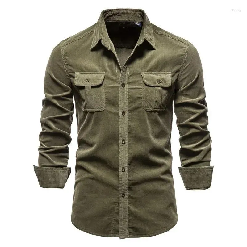 Мужские повседневные рубашки Осень Зимняя Мужчина Хлоп Vintage Butting Up Corduroy Shirt Boys Green Slim Top с длинным рукавом мужчина негабаритный хххл