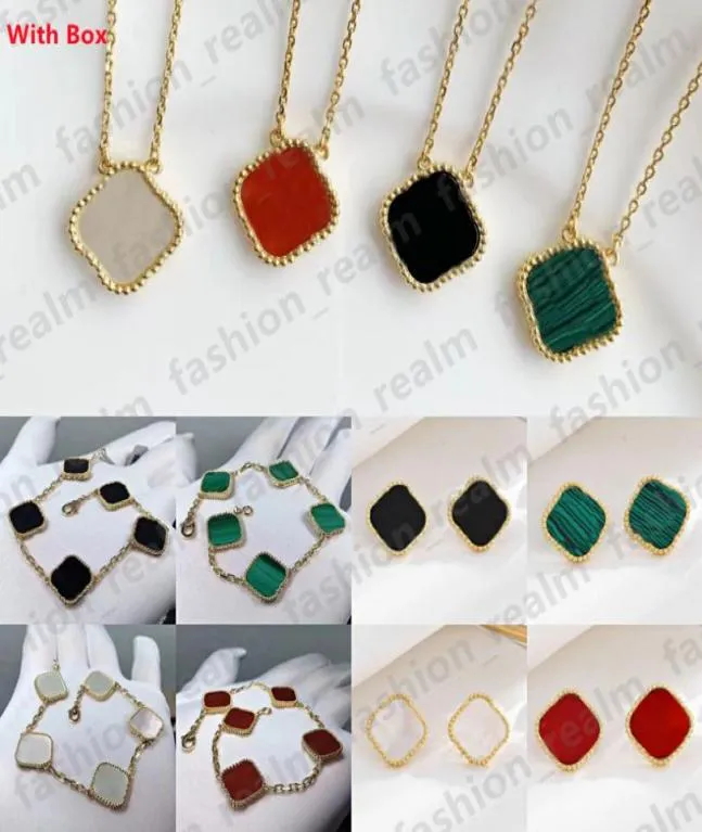 Jóias de jóias de colares de trevo de quatro folhas Conjunto de jóias de pingente de pingente de bracelete brinco de brilho dourado Mãe da Flor Verde Pérola NE4434287