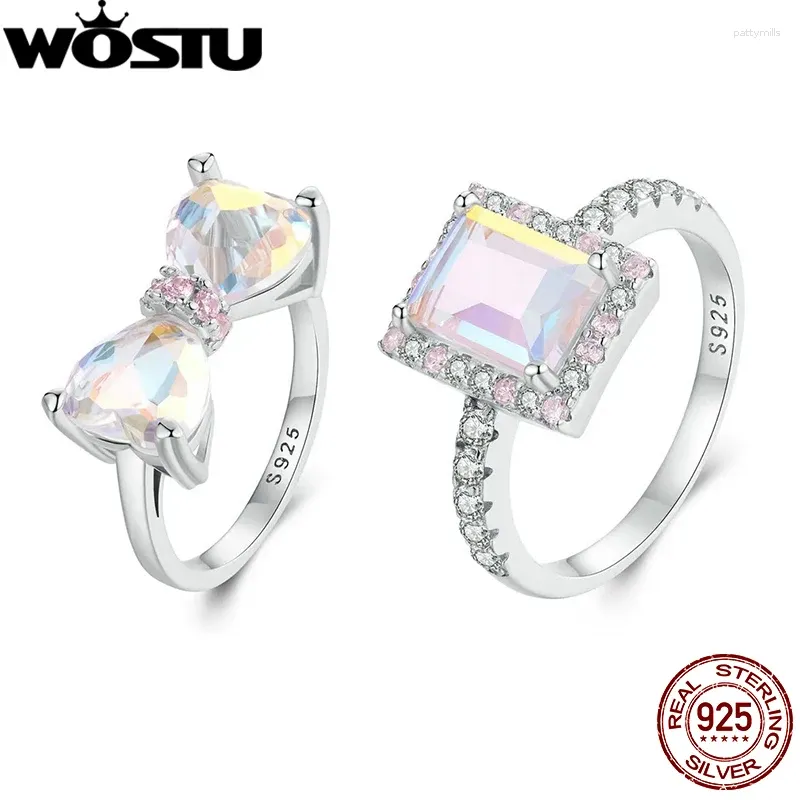 Ringos de cluster wostu 925 prata esterlina princesa rosa anel de arco -íris Rainbow retângulo de cristal de cristal doce menina de aniversário presente