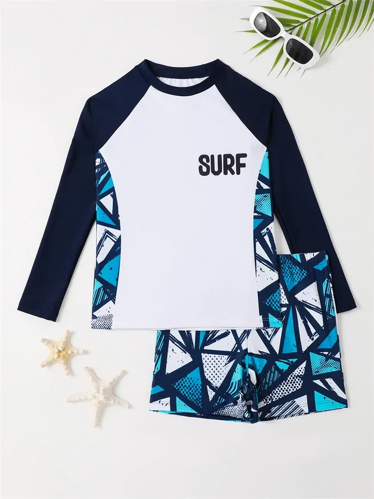 Suits Boy Swimsuit 2024 Nouveau Imprimé géométrique Soules courtes Enfants Swimswear Summer Kids 2 Pieds Plage Porte de baignade