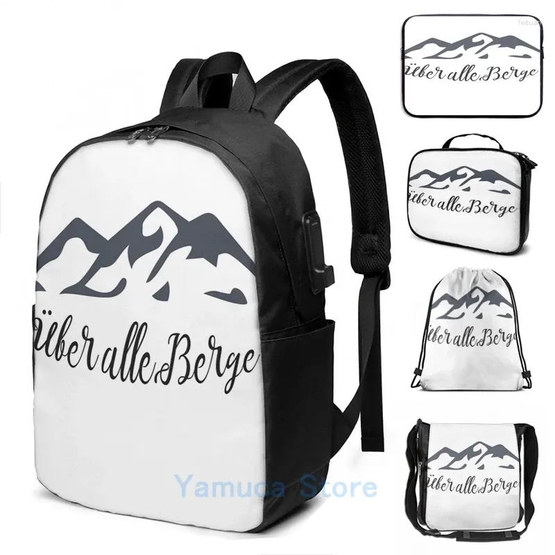 Print graphique de sac à dos sur les montagnes Colle Colles T-shirt emblématique USB Charge Men Sacs Sacs Femme Sac Voyage