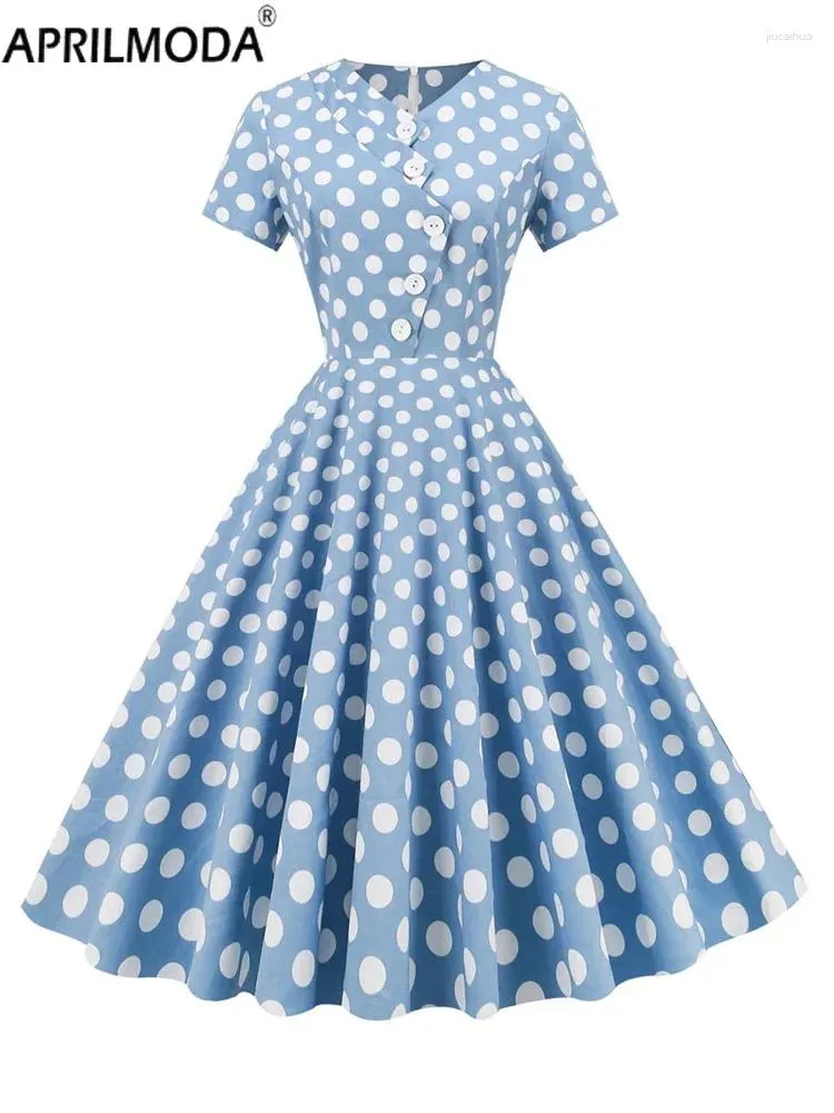 Party Dresses Hepburn Style Vintage Swing Dress Short Sleeve V Neck Cotton Polka Dot Print Robe Pin Up Rockabilly 50s 60s Pleated