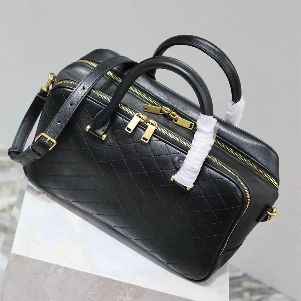 All-New Genuine Leather Quilted Bowling Bag, Designer Black Purse with Gold  Handle and Crossbody Strap