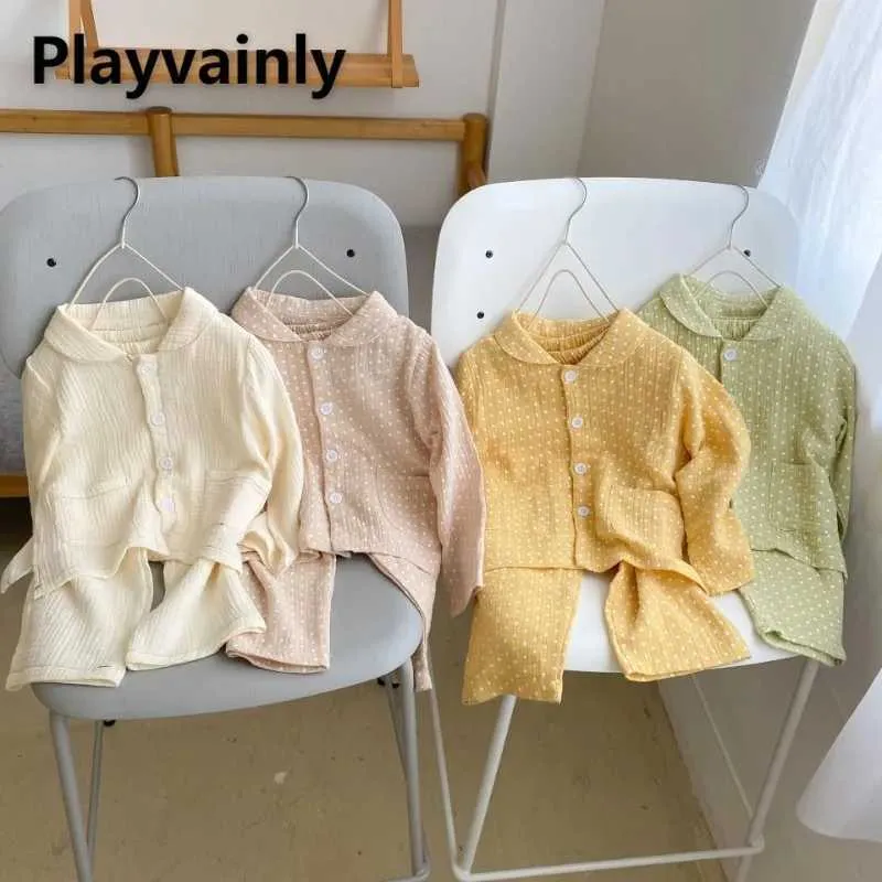 Pyjamas Ny Spring Autumn Kids Boy Girl Cotton Soft Turn-Down Collar Long Sleeve Top+Pants Newborn Home Wear Nightgown H240507