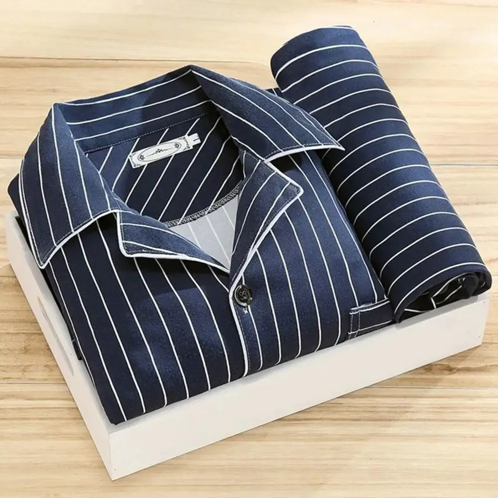 Comfy Milk Silk Loungewear Stylish Mens Fall Winter Pajama Set Striped Plaid Print Color Matching Lapel Singlebreasted Long 240428