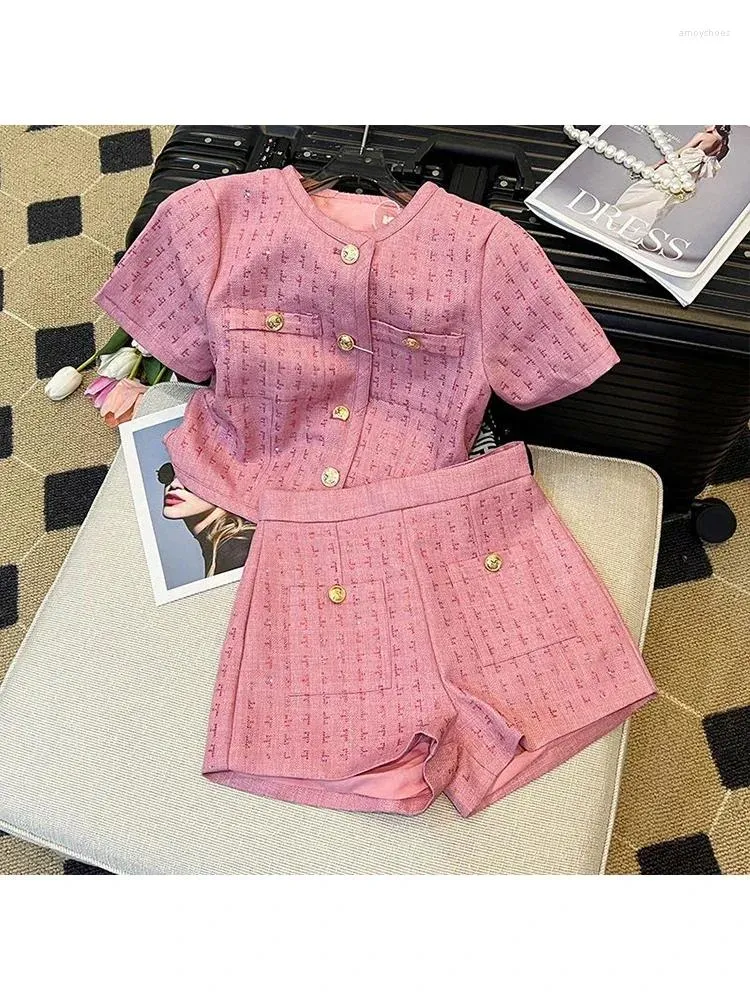 Men's Jackets 2024 Summer Women Fashion Brand Short Sleeve Two Piece Sets Coat Mini Casual Streetwear Pink Color Female Suits