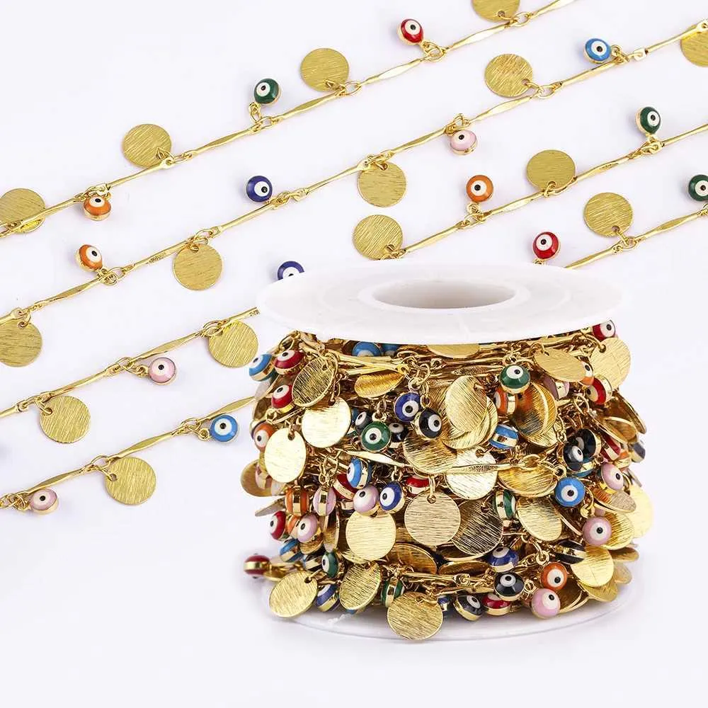 Brillenketten 1m Goldfarbe Münzmünze Charm Chains böse Augenperlen Kette für Armbänder Halskette Knöchel Schmuck Making DIY Accessoires