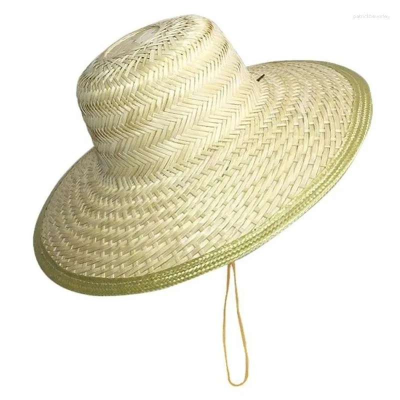 Berets Straw Hat for Women Men Sun Bescherming Flat Top Ademende brede bamboo geweven Summer Beach-Panama-hoeden