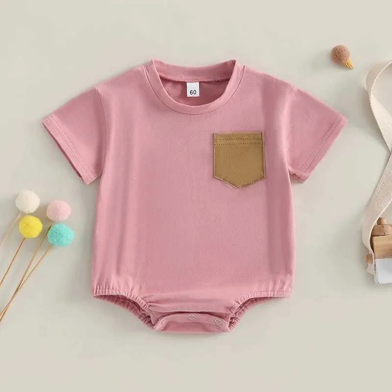 Rompers Baby Summer Casual Solid Color Short Sleeve Jumpsuit med Pocket For Toddler Boy Girls Söta kläder H240507