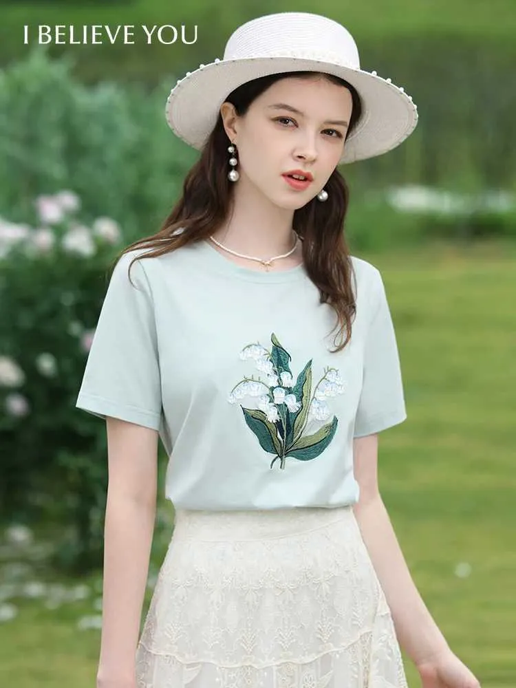T-shirt feminina Gosto da sua camiseta bordada para mulheres, algodão de porcelana de gelo de algodão curto Slim Fit 2024 Summer New Casual Basic Top 22421560L2405