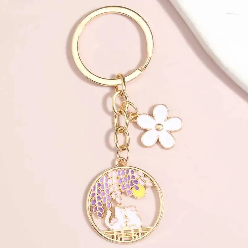 Keychains Lonyards Animal mignon Keychain Fleur Moon Cat Cat Key Ring Enamel Chains Key Amitié Gift For Women Men Handbag Accessoire Bijoux DIY