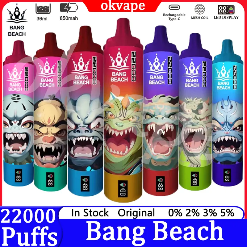 Bang Beach 22000 Puffs Smart Screen Disposable Vape Electronic Cigarettes Puff 22k 0% 2% 3% 5% 36ml Prefilled Pod Mesh Coil 850mah Rechargeable Device Pen