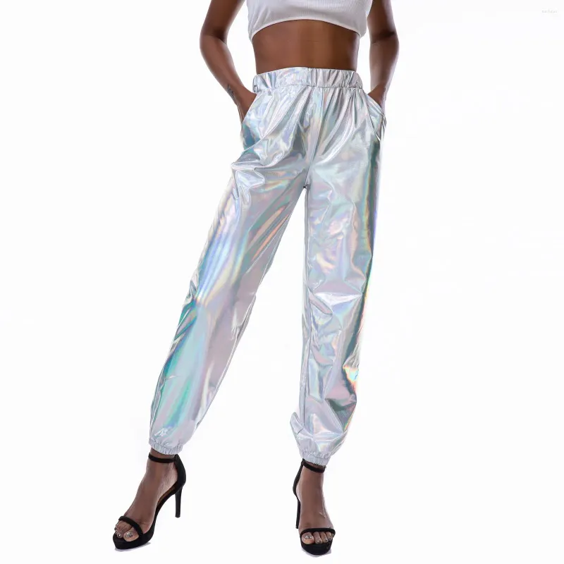 Frauenhose Laser Metallic Frauen lässig Lange Nachtclub Party elastische Taillenhosen mit Taschen Disco Hippie Harem Pantalone