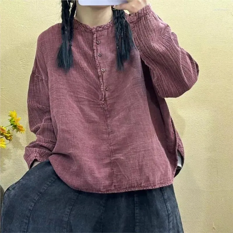 Blouses pour femmes Johnature 2024 Femme Spring O-Neck Color Couleur Niche Vintage Long Sheves Shirt Loose Retro Cotton Linen décontracté