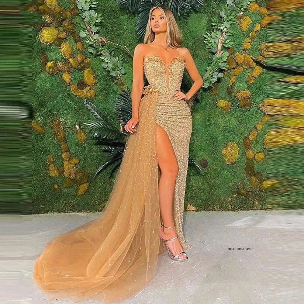 Orange Mermaid Prom Dresses Tulle Strapless V Neck Sexy High Slit
