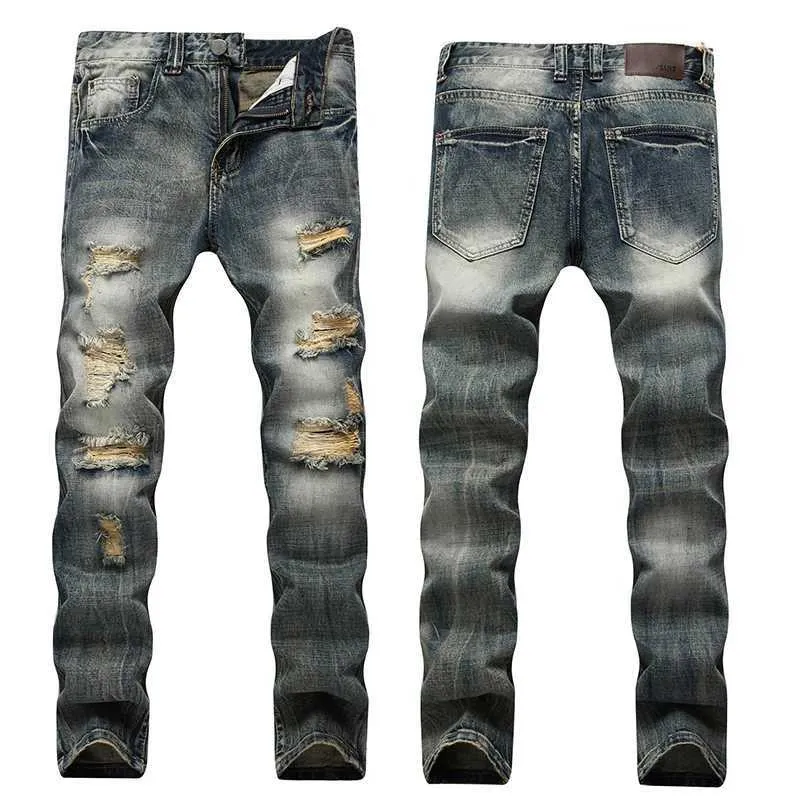 Dżinsy męskie dżinsy zrujnowane Tide High Street Mens Hip Hop Hole Fried Hole Że Żeglarnowe spodnie Tide Duży rozmiar J240507