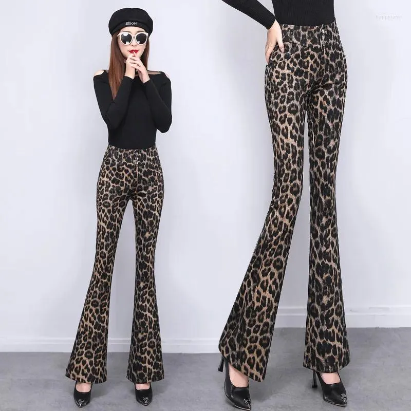 Pantaloni da donna chic coreano da donna leopardo stampa a campana da donna ol alto girovasola da cerniera abiti da streetwear femminile bpy8173