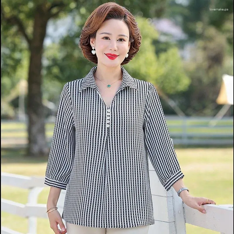 Kvinnors blusar 2024 Kvinnliga kläder Fashion Turn-Down Collar Striped Printed Blue Korean Vintage Commute Casual Button Shirt Topps Plus