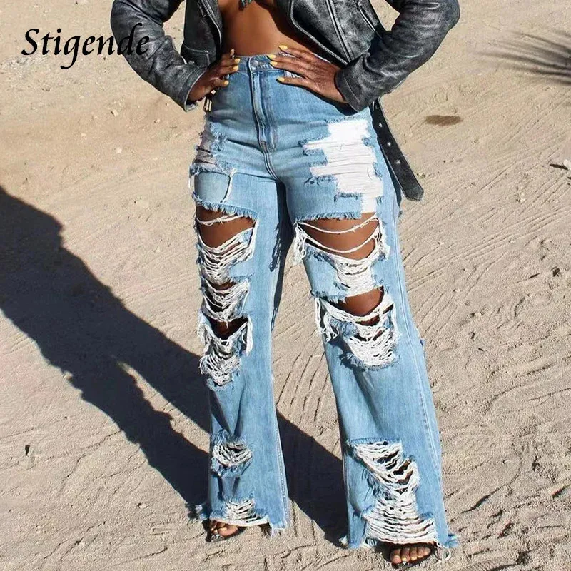 Старшая женщина xxxl Джинсовые штаны Широкие ноги разорванные джинсы уличная одежда сексуальная пустота лоскут измельченные джинсы модные брюки 240506