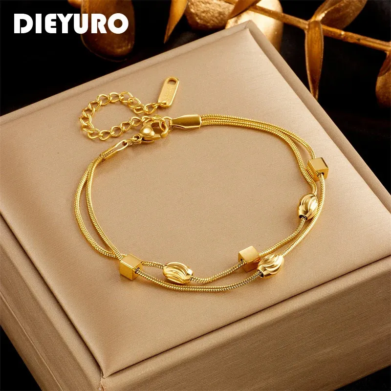 Dieyuro 316l en acier inoxydable Gold Color Cube Charm Bracelet pour les femmes TRENDE Girls 2layer Chaînes Bijoux d'anniversaire Gift 240423