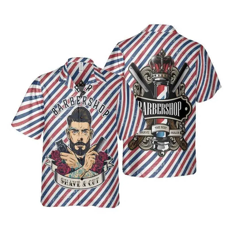 Mäns avslappnade skjortor coola barberare 3D -trycktröjor för män kläder harjuku mode yrke arbetsverktyg korta Slve Uniform Blues Button Boy Tops Y240506