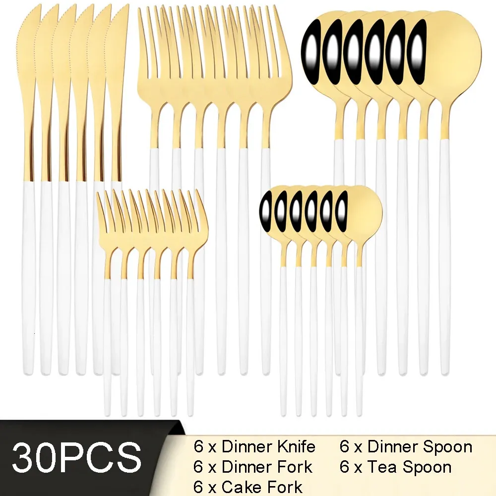 30Pcs White Gold Cutlery Set Stainless Steel Tableware Knife Cake Fork Spoon Dinnerware Set Kitchen Flatware Silverware 240429