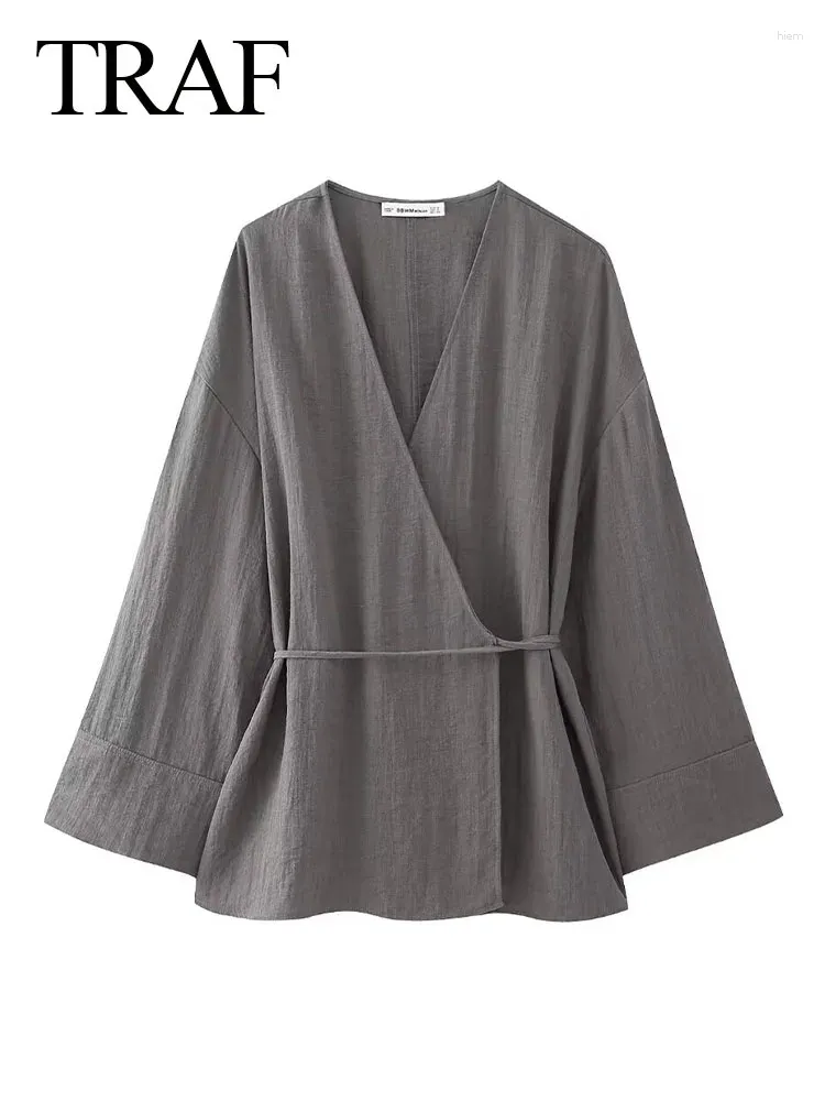 Women's Blouses 2024 Woman Chic V-Neck Asymmetric Laced Up Long Sleeves Casual Blouse Top Women Gray Kimono Style Loose Shirt