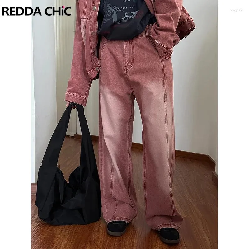 Męskie dżinsy Reddachic Patchwork Vintage różowy worek mężczyźni w trudnej sytuacji Bieled Bleached Casual Gread Noce Denim Pants Korean Y2K Streetwear