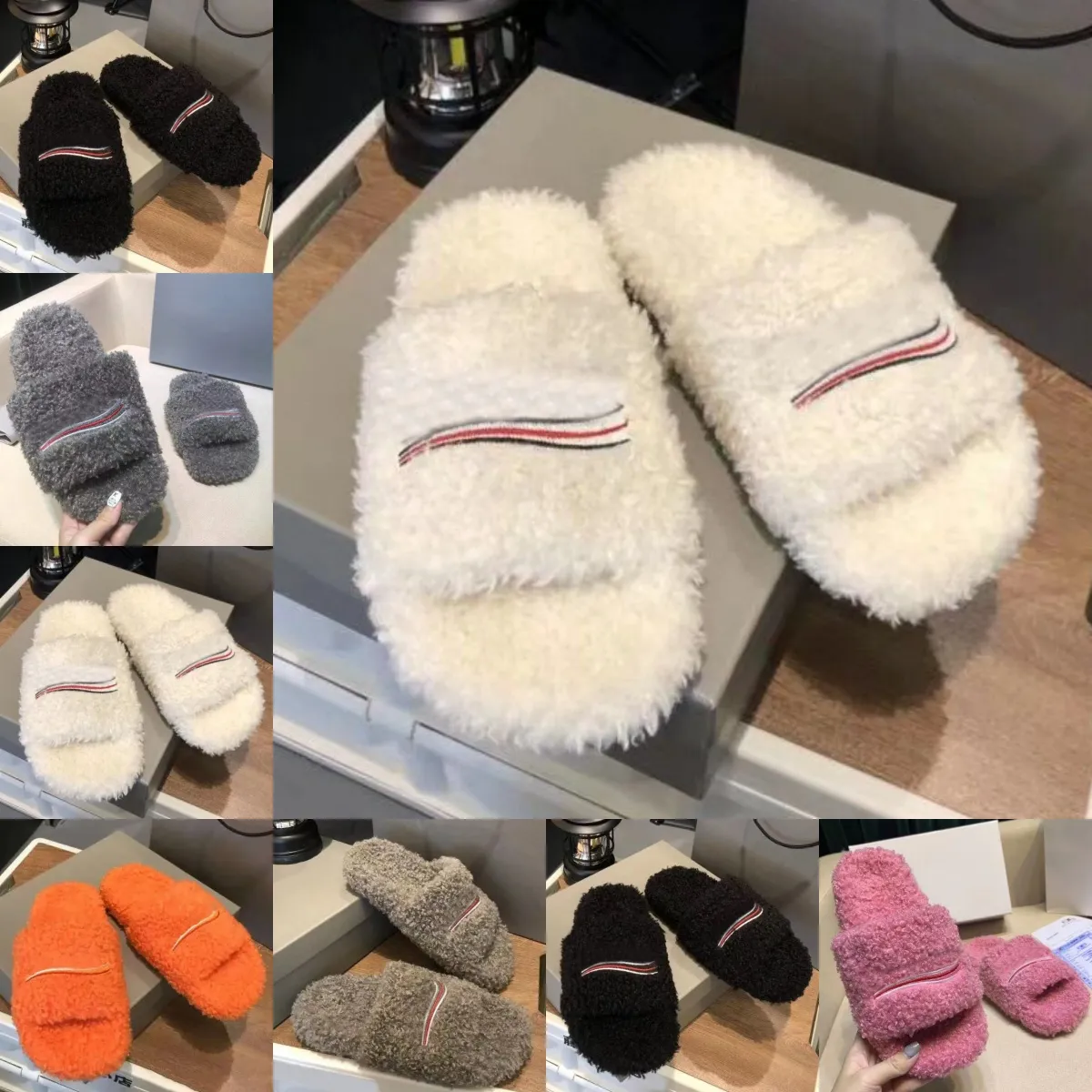 Luxury Furry Slippers Men Women Designer Sandal Slider Lady Fashion Wool Fur Fluffy Letters Slides Black White Pink Orange Dark Khaki Grey Warm Flip Flops Scuffs 35-42