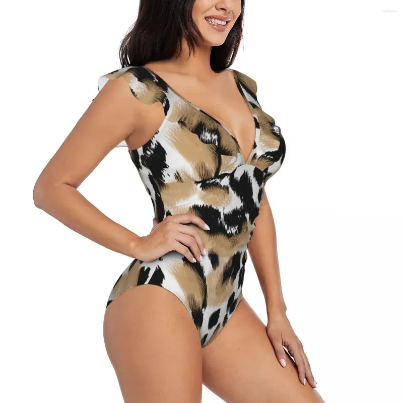 Damskie stroje kąpielowe Seksowne jednoczęściowe kostium kąpielowy 2024 Kobiety Lampart Animal Leopard Ruffled Monokini Bodysuit Girl Beach Bathing Suit