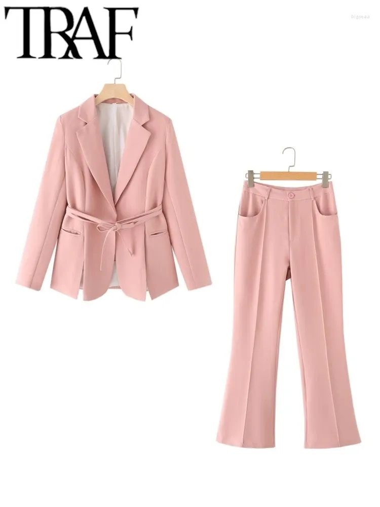 Zweiteilige Hosen für Frauen 2024 Spring Elegante Frauen rosa Taille gebundene Blazer Anzüge Langarm Office Jacke Frauen ausgestattet Sets Y2K