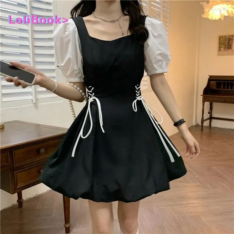 Vestidos de festa Sqaure Collar Bandage One Piece Dress Korean 2024 Summer Design de verão Mini Mulheres Casual Gótico Black Y2K feminino