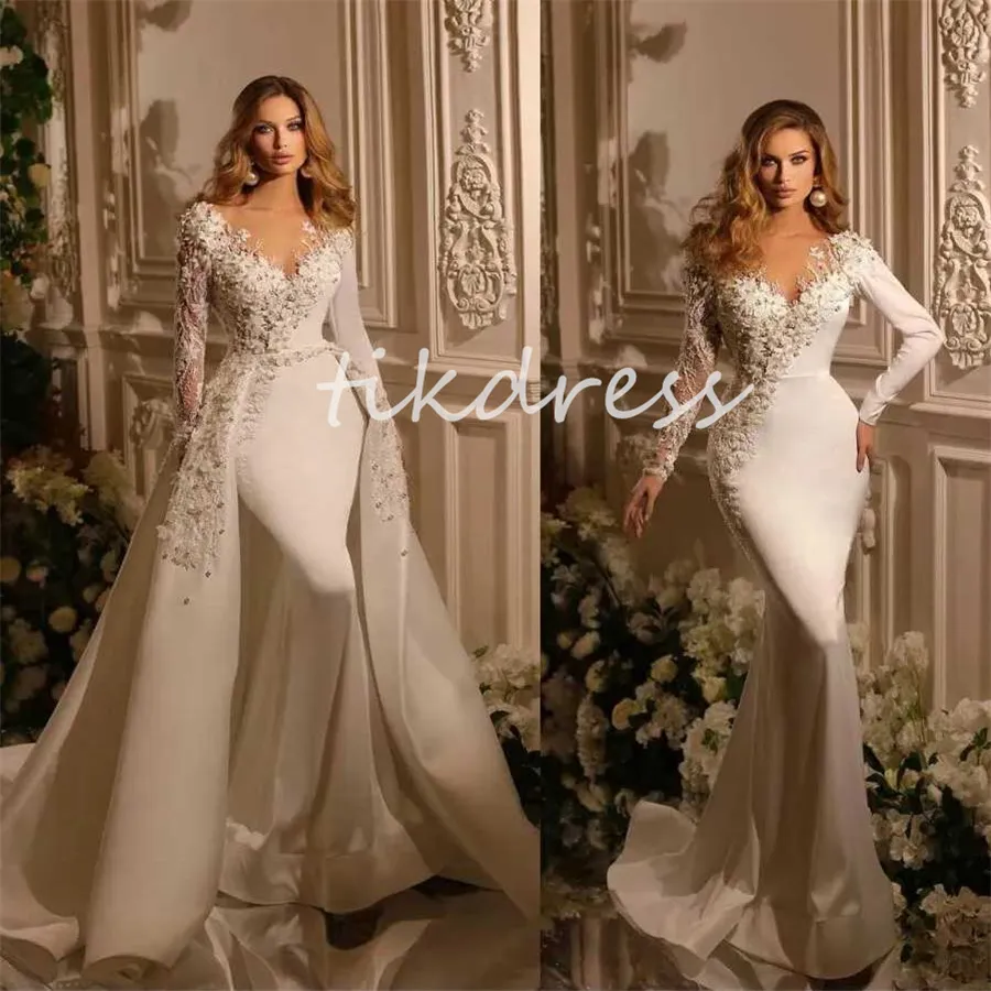 Robes de mariée de sirène de luxe avec train détachable 2024 Manches longues 2 en 1 Overskirt Fleurs Église perlées Bouches nuptiales