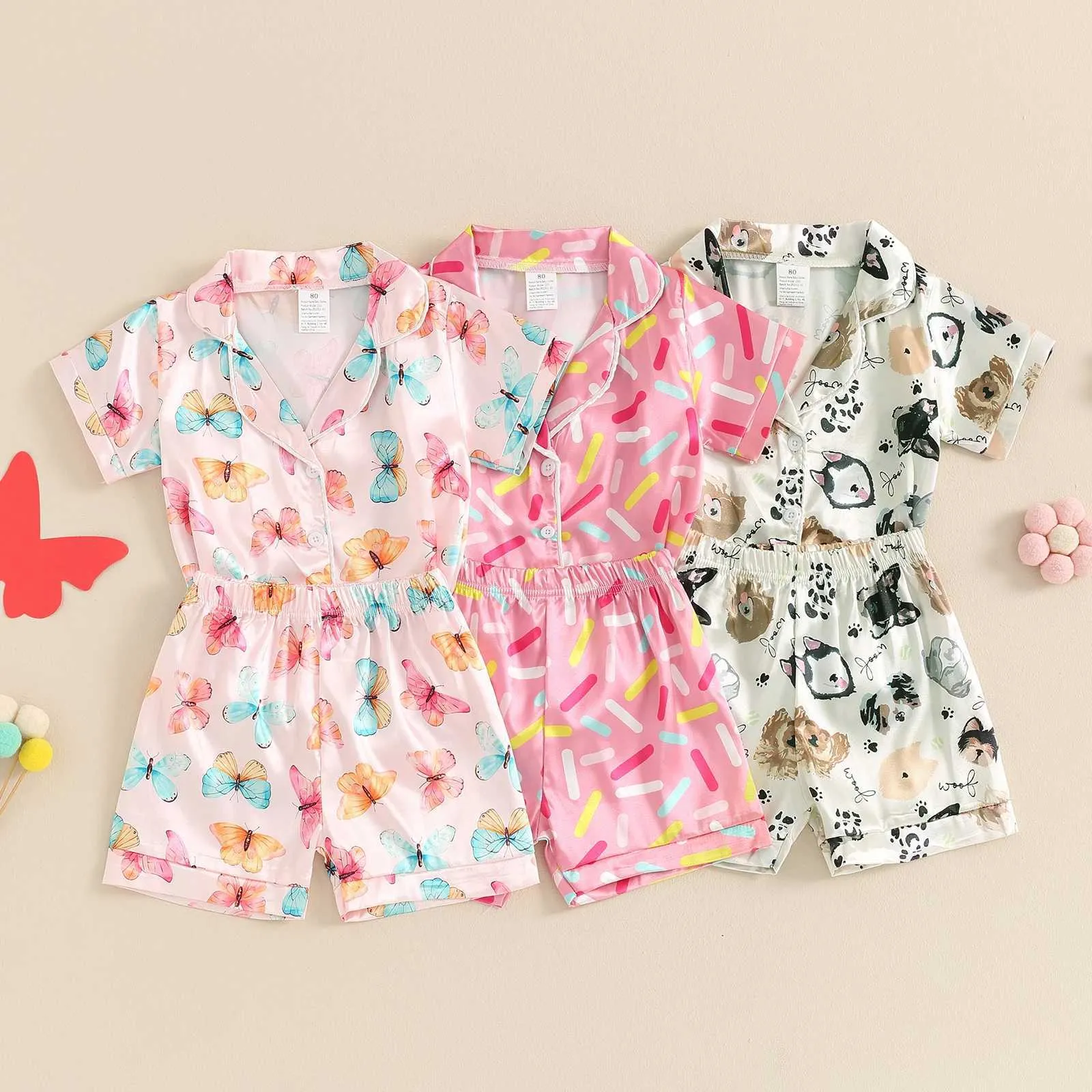 Pijama infantil garotas cetim cão impressão de cães de manga curta Tops virados para baixo com shorts de cintura elástica Sleepwear H240507