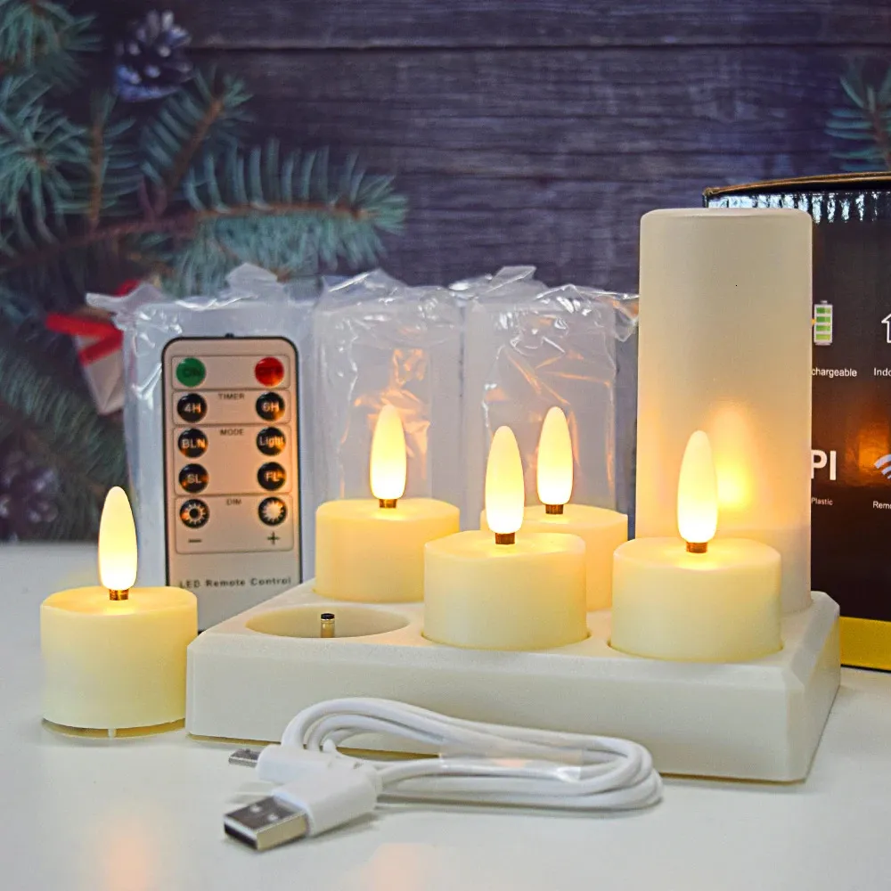 Pack van 6 oplaadbare kaarsen Flameless flikkerende theelichten Timer Remote Home Decoratie Verjaardag USB Charger Votief Candle 240430