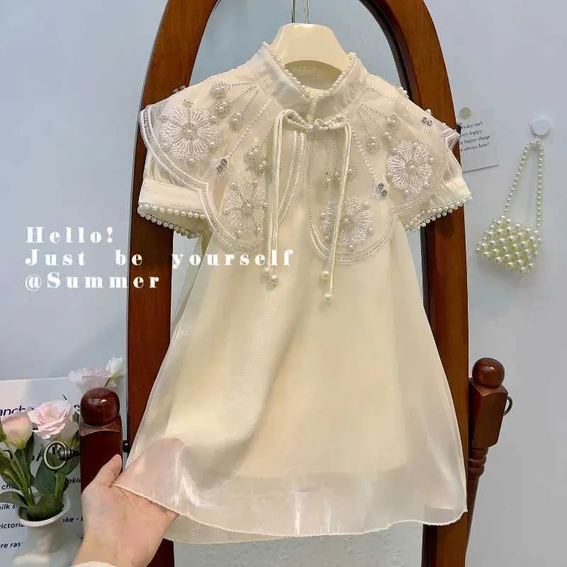 Kız Elbiseleri Yaz Kızlar Elbise Moda Çocuklar İnciler Cheongsam Prenses Doğum Günü Partisi Çocuk Kostümleri Çiçek Kız 2-7yrs H240507