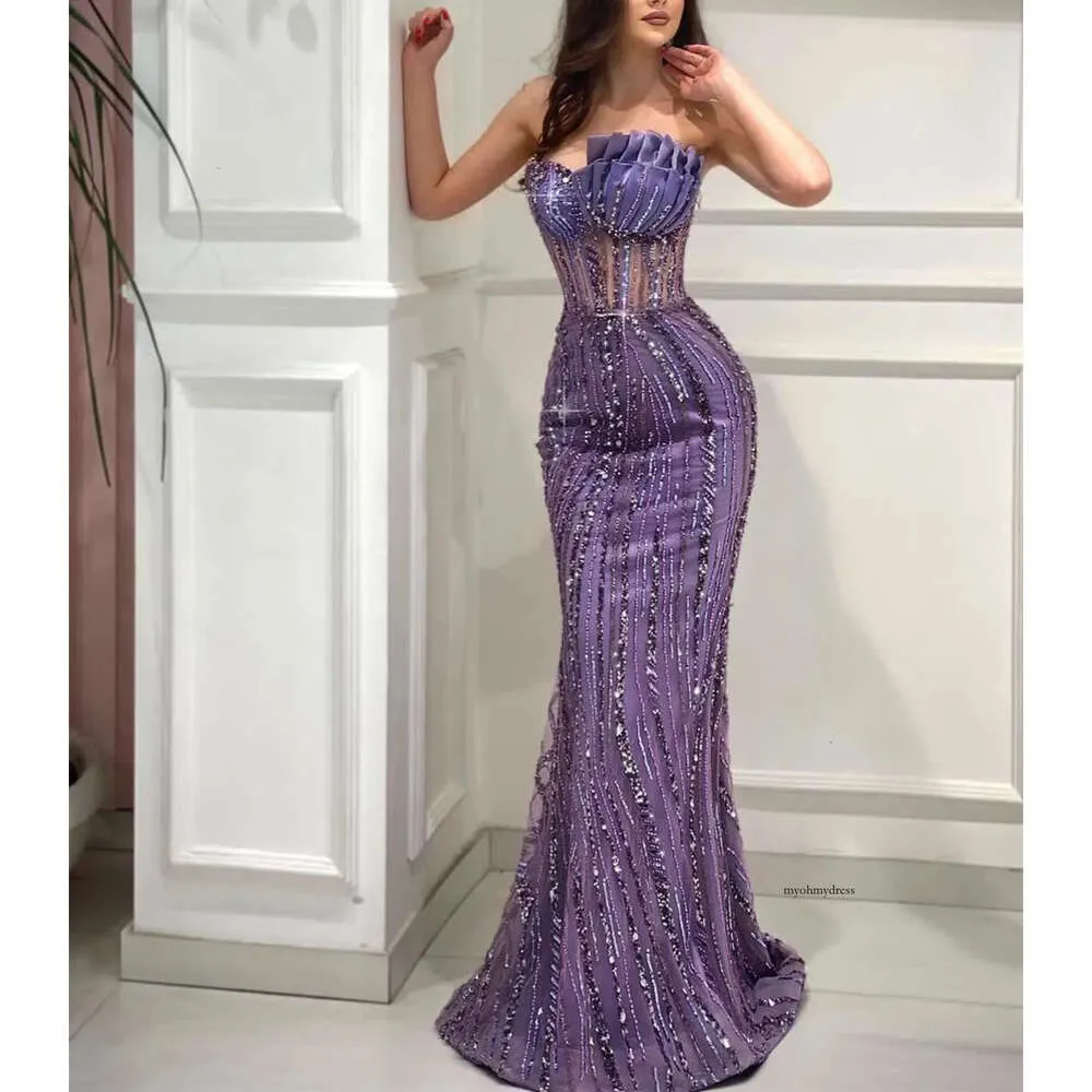 Purple Mermaid Prom Bateau Sleeveless Satin Diamonds Appliques Sequins Beaded Floor Length Celebrity Evening Dresses Party Gowns Plus Size Custom Made 0431