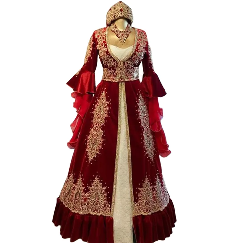 Turkish Red Evening Dress with Bell Long Sleeves Satin Floor-Length Gown  with Gold Lace Appliques and Beading for Formal Events from Dhgate Evening  Dresses - price 212.53