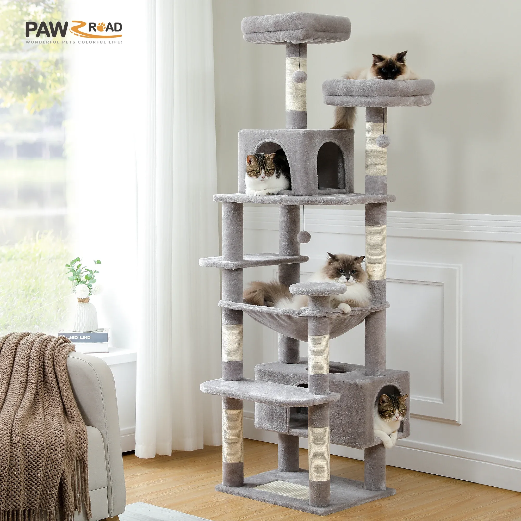 Scratchers H184CM Large Cat Tower with Sisal Scratching Posts Spacious Condo Perch Stable for Kitten MultiLevel Tower Indoor Cozy Hummocks