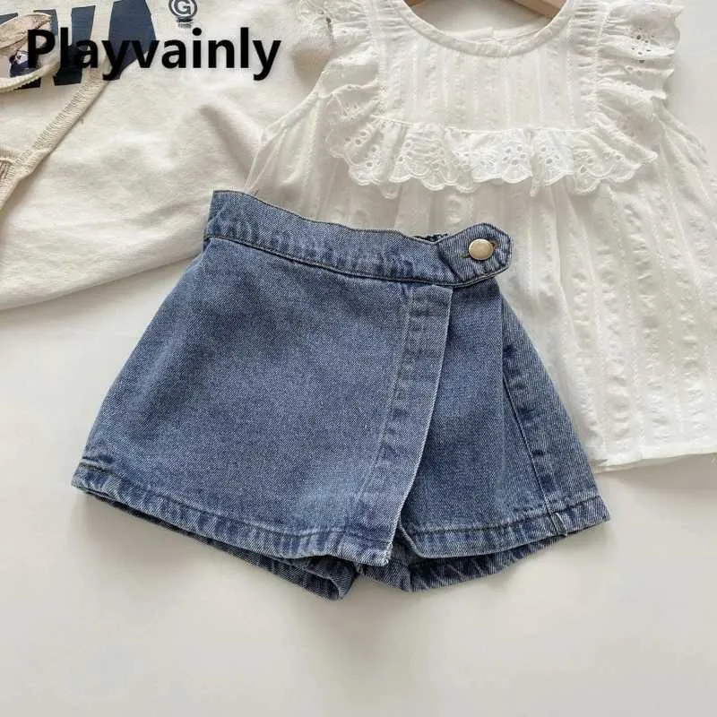 Shorts koreansk stil ny sommar barn flicka fast färg elastisk midja knapp mjuk denim culotte barn mångsidiga kläder h240507